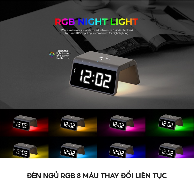 Sạc Không Dây 6 In 1 HAVIT W320, Sạc Nhanh 15W, Tích Hợp Báo Thức + Đèn Ngủ RGB Màu Sắc - Hàng Chính Hãng