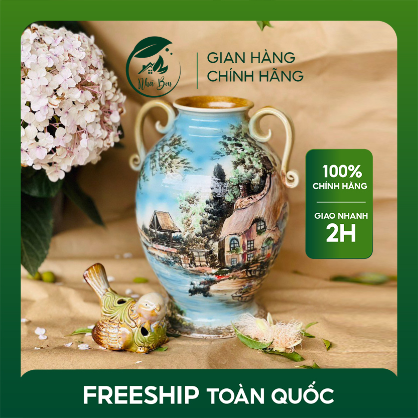 Bình gốm hai quai, vuốt tay thủ công họa tiết phong cảnh