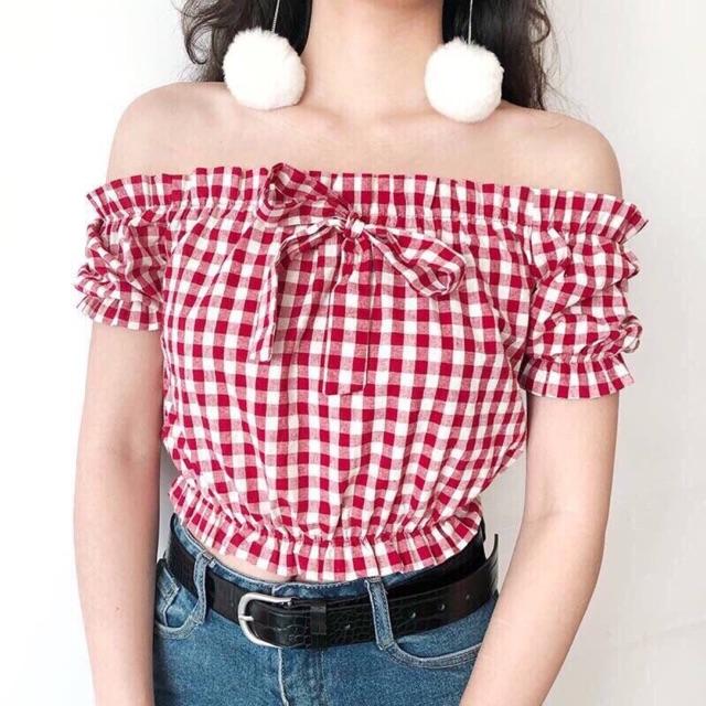 Áo kiểu croptop bẹt vai caro