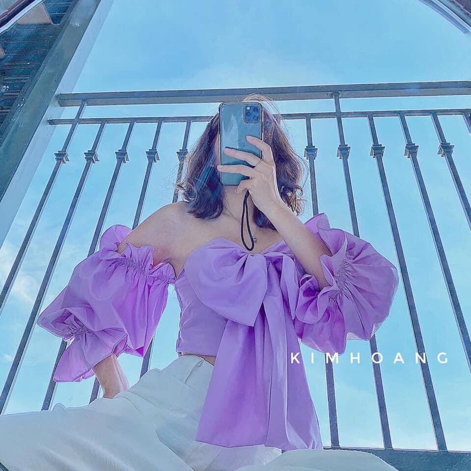 Áo Croptop tay phồng có đính nơ to trước ngực-A38