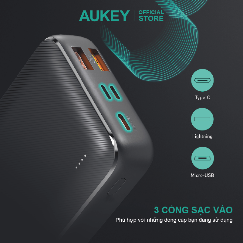 Pin dự phòng 20000mAh sạc nhanh 22.5W Aukey PB-N74S màu đen, hàng chính hãng