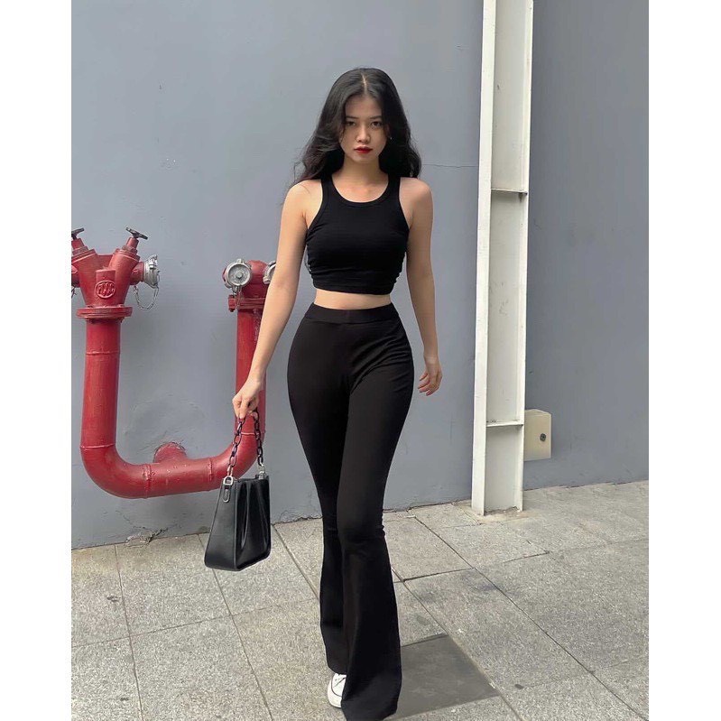 Quần ống loe nữ cạp cao dáng dài legging, quần tây ống loe nữ ôm vải mềm lưng chun màu đen
