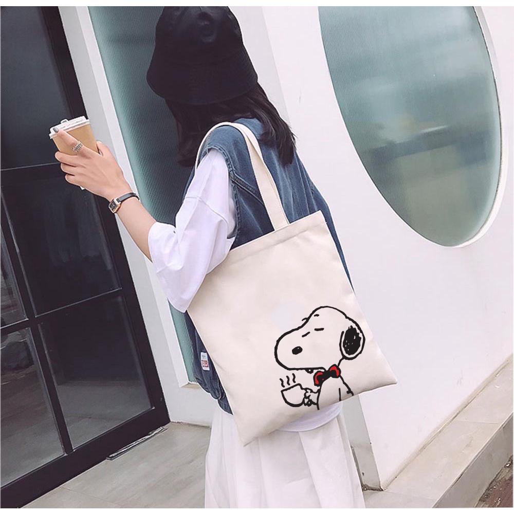 Túi tote vải mộc GINKO basic có dây kéo khóa miệng túi đựng vừa laptop 14 inch và nhiều đồ dùng khác in hình Snoopy and Friends M102