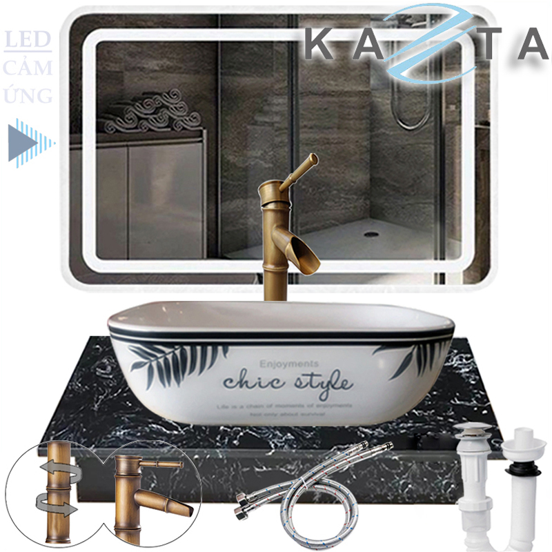 Combo Lavabo Đặt Bàn Đá Kèm Vòi Nóng Lạnh Đồng Thau Thân Trúc, Gương LED Cảm Ứng KAZTA KZ-CBB02G