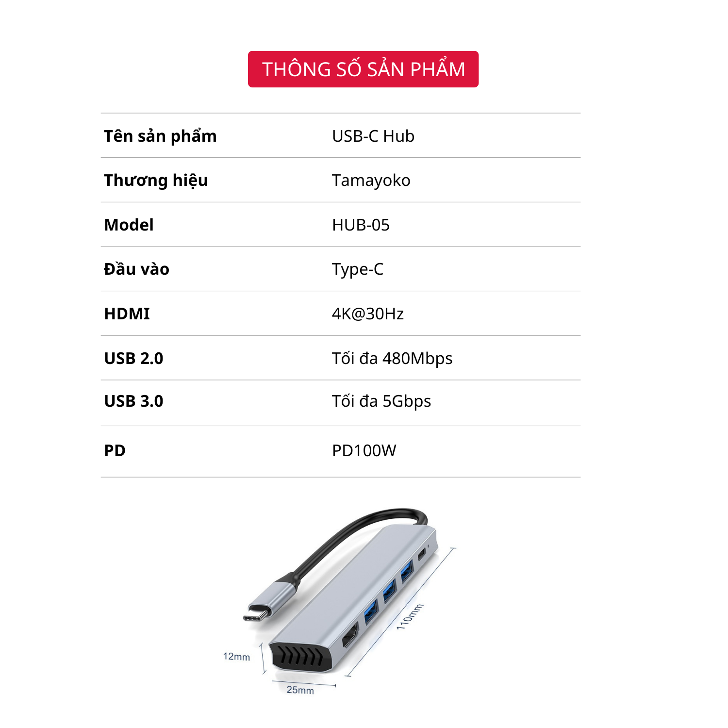 Hub Chuyển Đổi Type C Chia 5 Cổng (5 in 1) HDMI / USB 3.0 / USB 2.0 / PD Hỗ Trợ Sạc Nhanh, Có Khe Tản Nhiệt - Hàng Chính Hãng Tamayoko