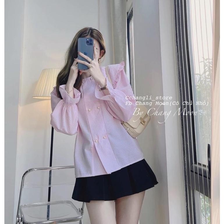 Áo sơ mi kẻ cổ bèo lá cúc ngọc - Áo babydoll cách điệu trẻ trung mẫu mới 2022