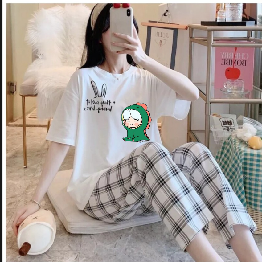 Sét Bộ Nữ SS20, Sét Đồ Nữ Đi Chơi Đẹp In Cô Gái Khủng Long Xanh, Sét Áo Vải Cotton, Và Quần Kẻ Màu Cá Tính