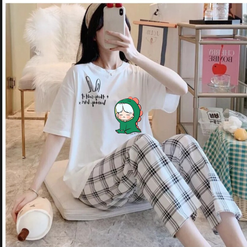 Sét Bộ Nữ SS20, Sét Đồ Nữ Đi Chơi Đẹp In Cô Gái Khủng Long Xanh, Sét Áo Vải Cotton,  Và Quần Kẻ Màu Cá Tính - LẺ QUẦN