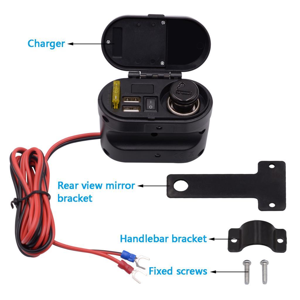 Waterproof Motorcycle Cigarette Lighter Dual USB Charger & Switch & Clock