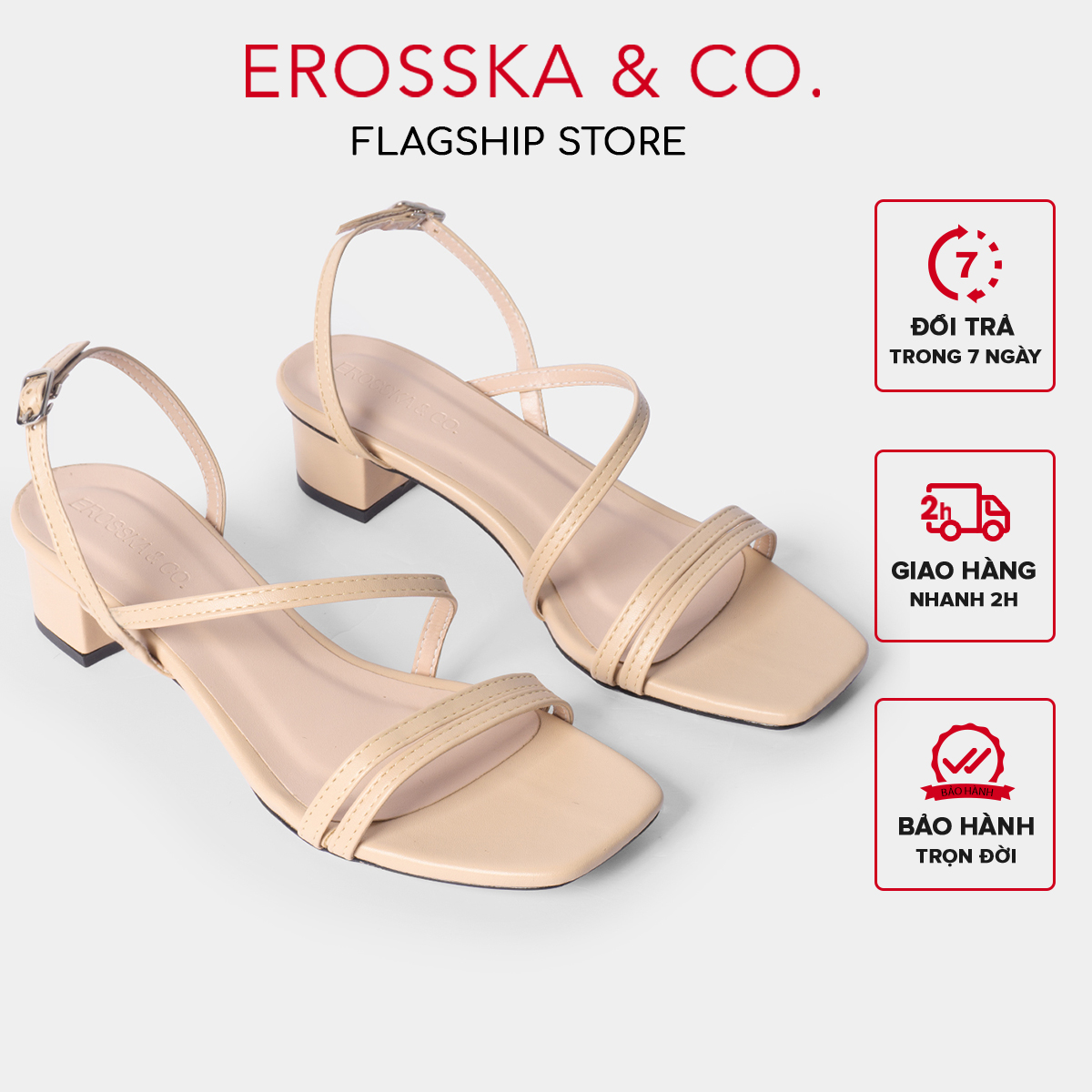 Giày sandal cao gót Erosska thời trang mũi vuông quai ngang phối dây mảnh cao 3cm EB031
