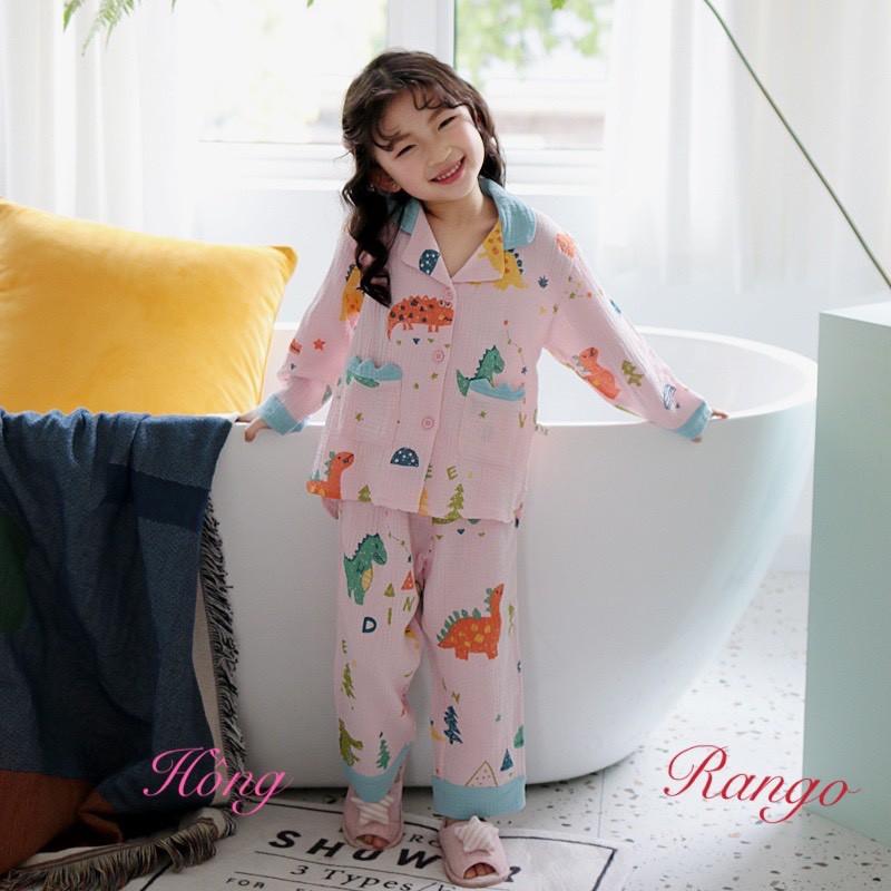 Bộ pizama bé gái bé trai hình khủng long chất thun cotton mịn mát ấm áp