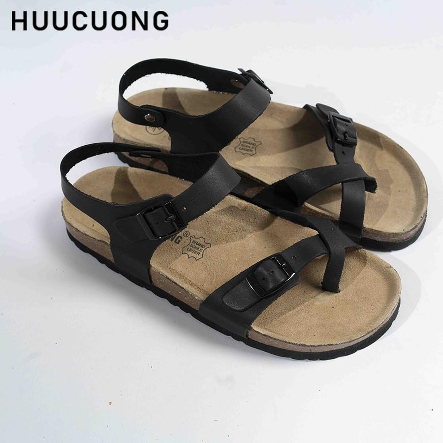 Giày Sandal Unisex HuuCuong xỏ ngón da bò đen đế trấu handmade