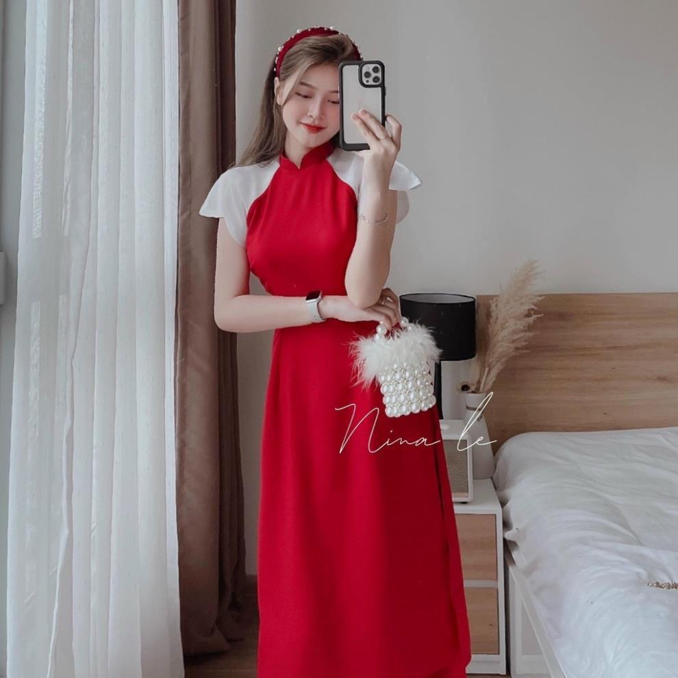 Set áo dài đỏ tay phối voan trắng bồng cánh tiên kèm quần suông đi chùa chúc tết nina lê