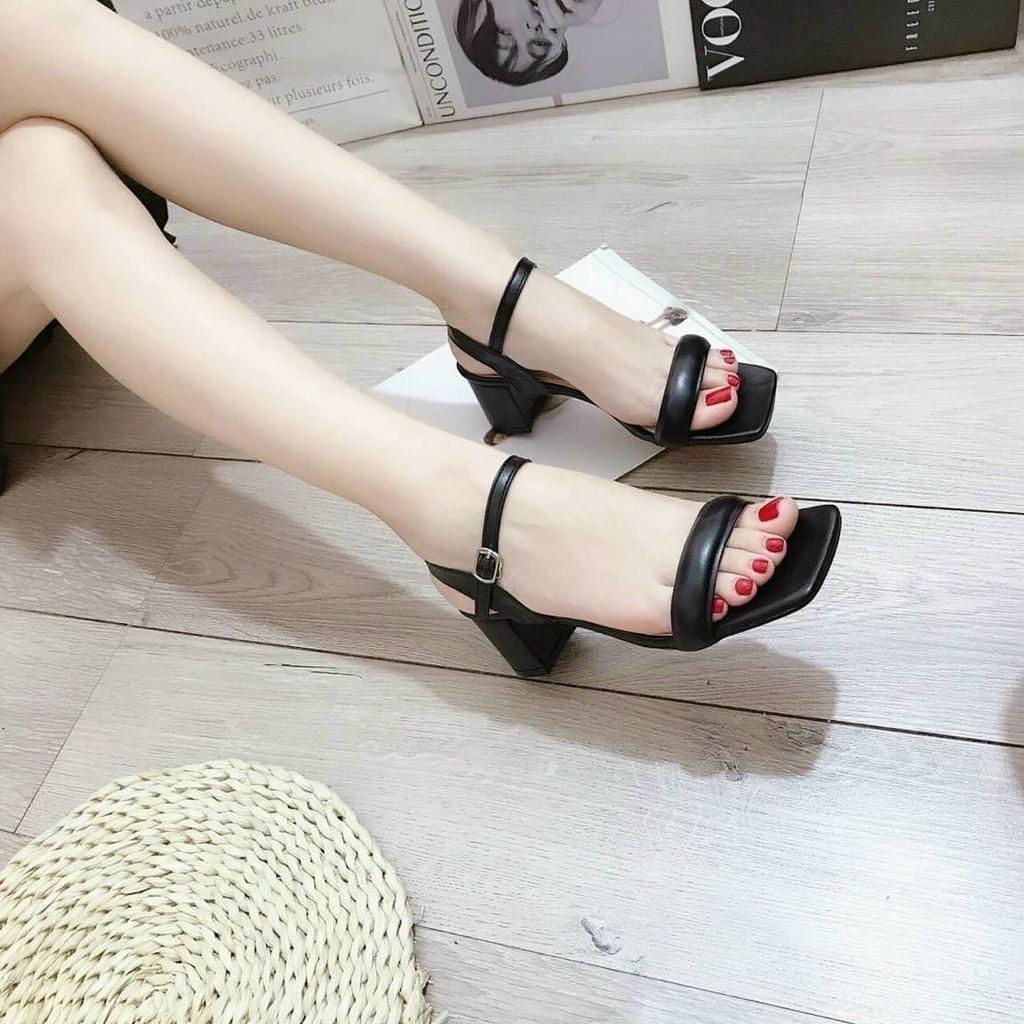 Sandal quai ngang phồng trơn da mịn gót trụ thấp - 5P