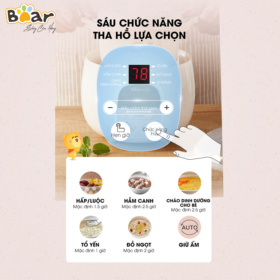 Nồi Nấu Chậm 1,6L Bear Chính Hãng Đa Năng Chưng Yến Điện Cách Thuỷ, Hầm Cháo, Nấu Cháo Chậm Cho Bé - Sube002 - Hàng Chính Hãng Bảo hành 18 Tháng