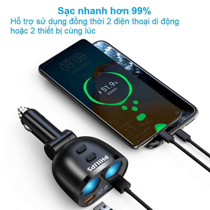 Bộ chia tẩu sạc ô tô cao cấp Philips DLP4007B/93 - Chế độ kết hợp 2 đầu ra - Bảo hành 24 tháng