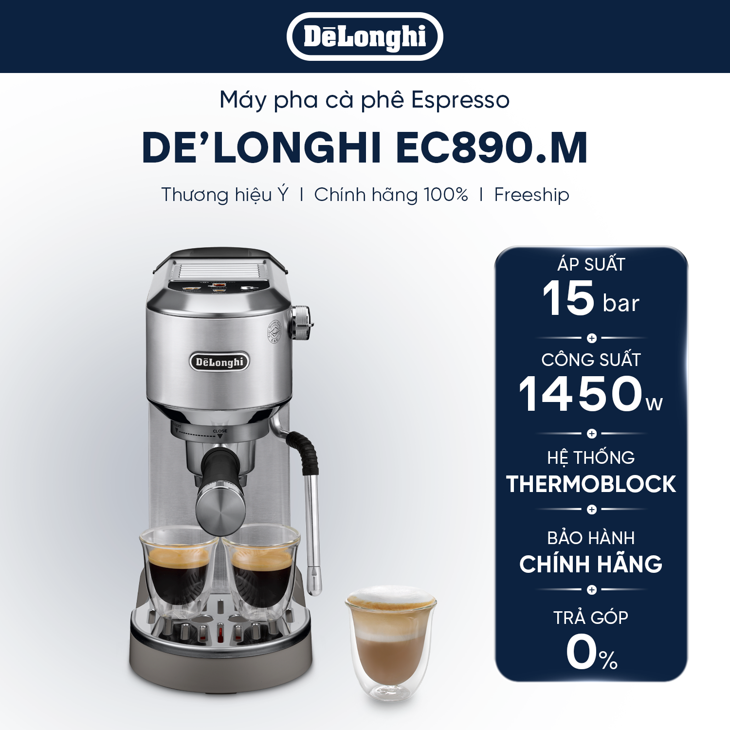 Máy pha cà phê espresso DeLonghi Dedica Duo EC890.M - Hàng Chính Hãng