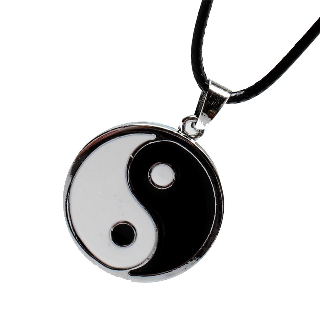 Metal Round Yin Yang Pendant on Adjustable PU Leath Cord Necklace Chain 20"