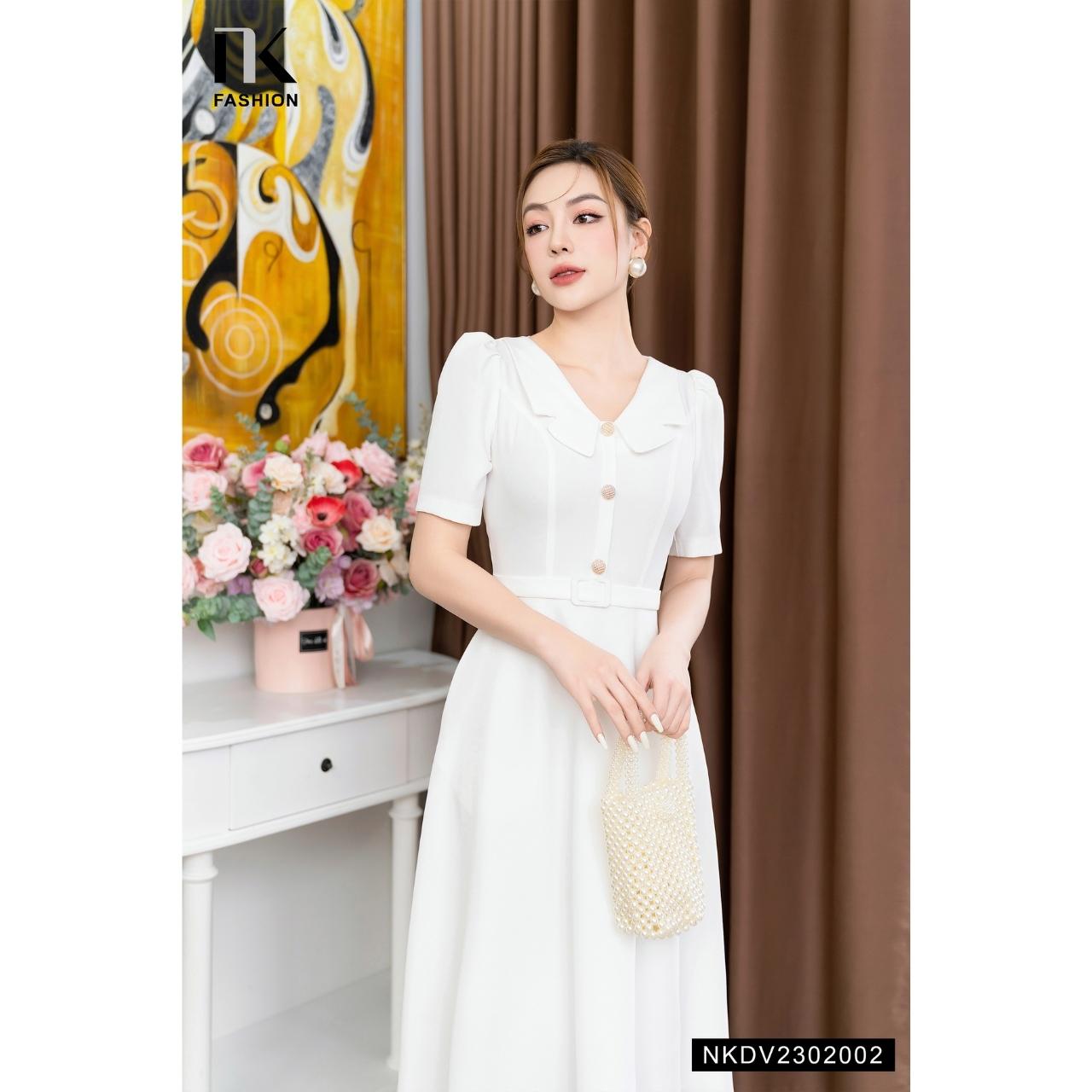Đầm Xòe Cổ Sóng Thiết Kế Đai Bọc NK FASHION Trẻ Trung Thanh Lịch Chất Vải Nhập Hàn Cao Cấp Không Nhăn NKDV2302002