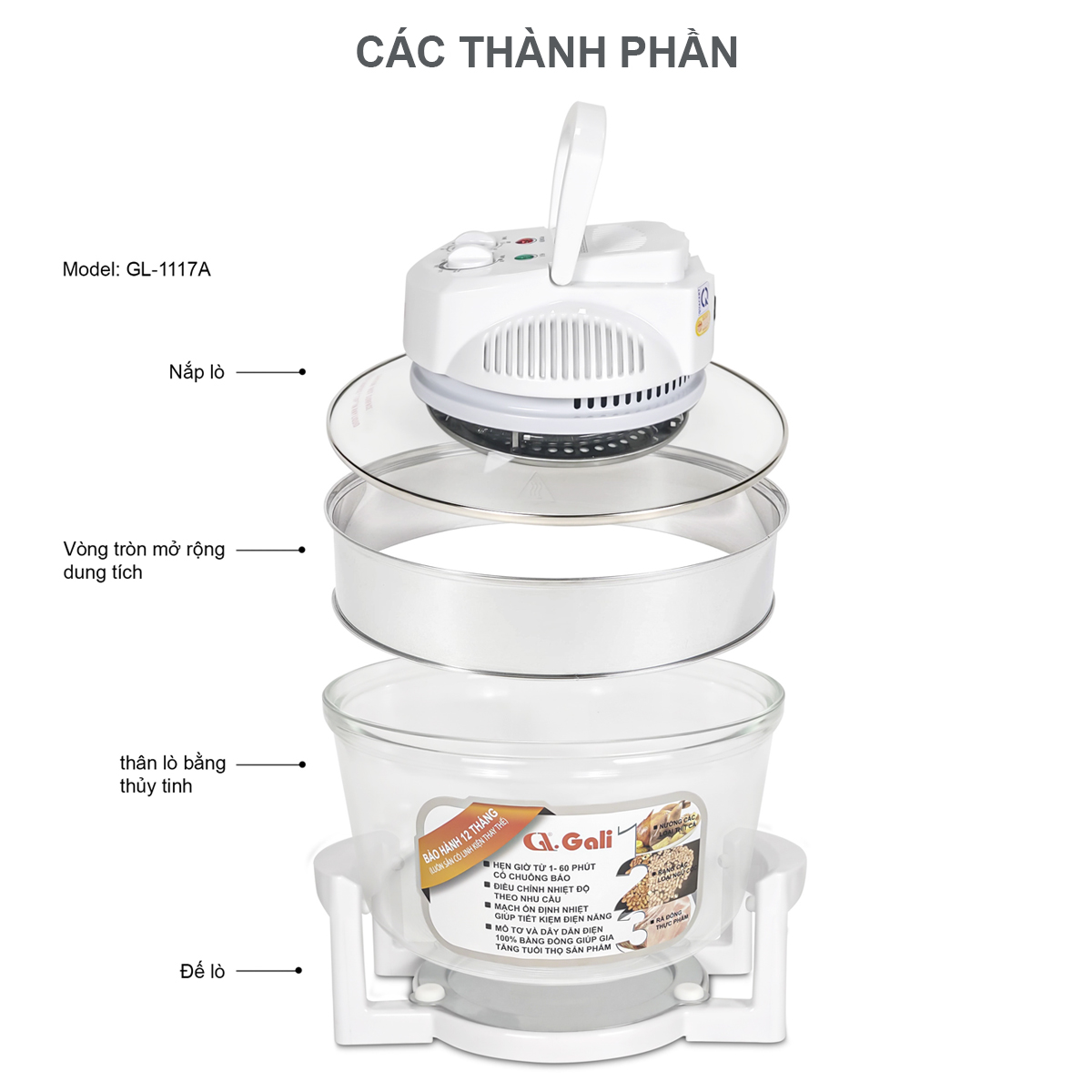 Lò nướng thủy tinh đa năng Gali 17 lít 1300w, hàng chính hãng bảo hành 12 tháng, tặng kèm 8 phụ kiện tiện lợi, hàng chính hãng 100%, bảo hành 12 tháng Gali