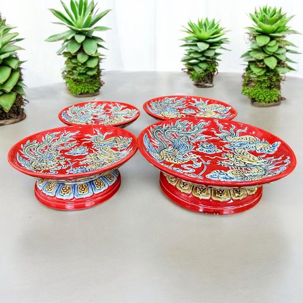 Mâm Bồng Đĩa Cúng Trái Cây Gốm Sứ RỒNG VIỆT Men Đỏ Bát Tràng Cao Cấp Trang Trí Bàn Thờ Đẹp