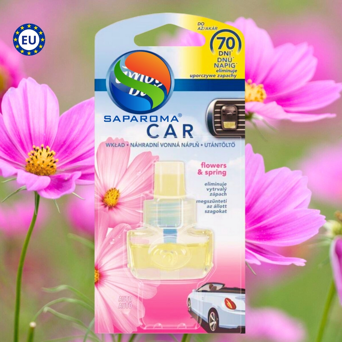 Lọ tinh dầu thơm ô tô Ambi Pur 7ml Flowers &amp; Spring - hoa mùa xuân, cài cửa gió, hỗ trợ khử mùi, nhập khẩu Châu Âu