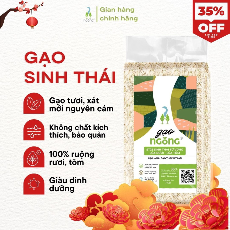 Gạo Ngỗng Sinh Thái ST25 - Gạo Sạch Ruộng Rươi Tôm Gói 700gr