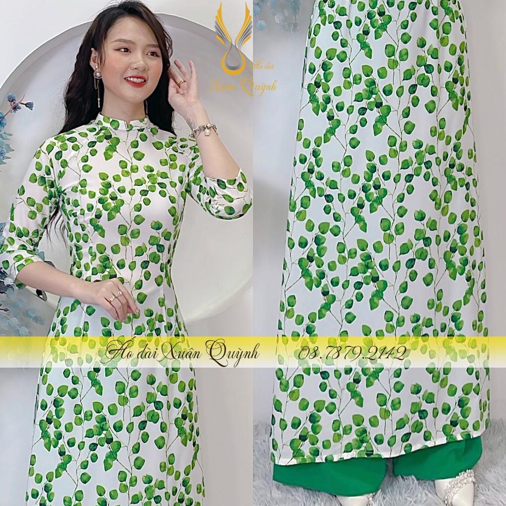 Áo Dài Truyền Thống Hoa Nhí Xanh Duyên Dáng, Thanh Lịch Lụa Habutai Cao Cấp K63