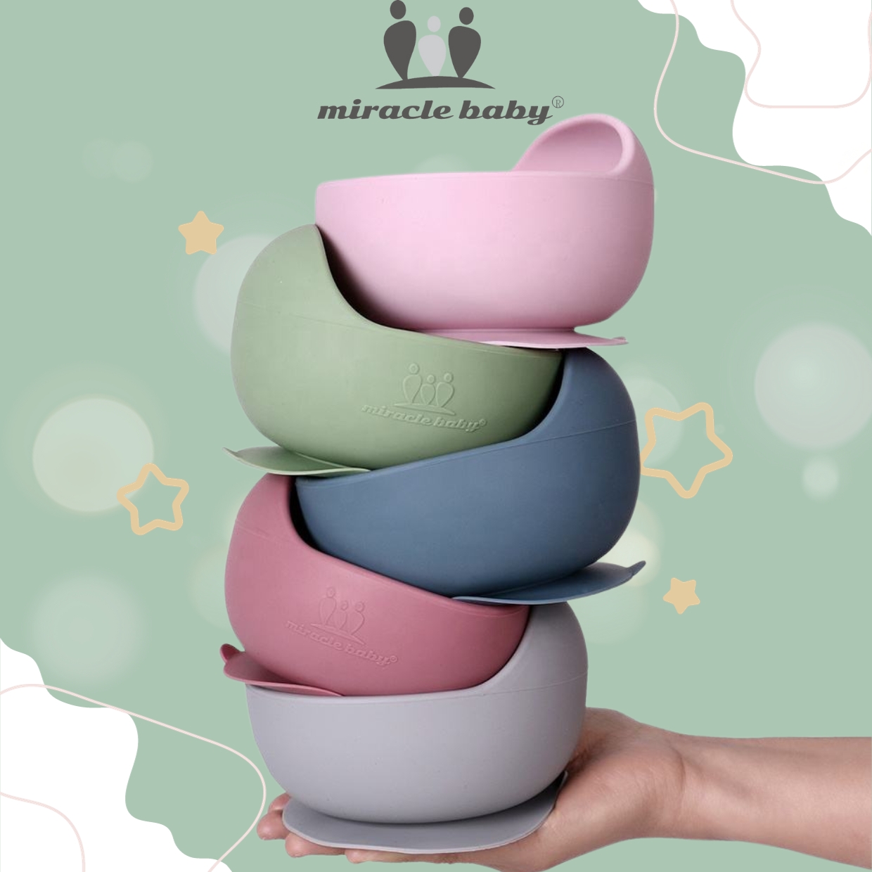 Chén ăn dặm silicone Miraclebaby và muỗng phù hợp dành bé trai, bé gái trên 5 tháng tuổi