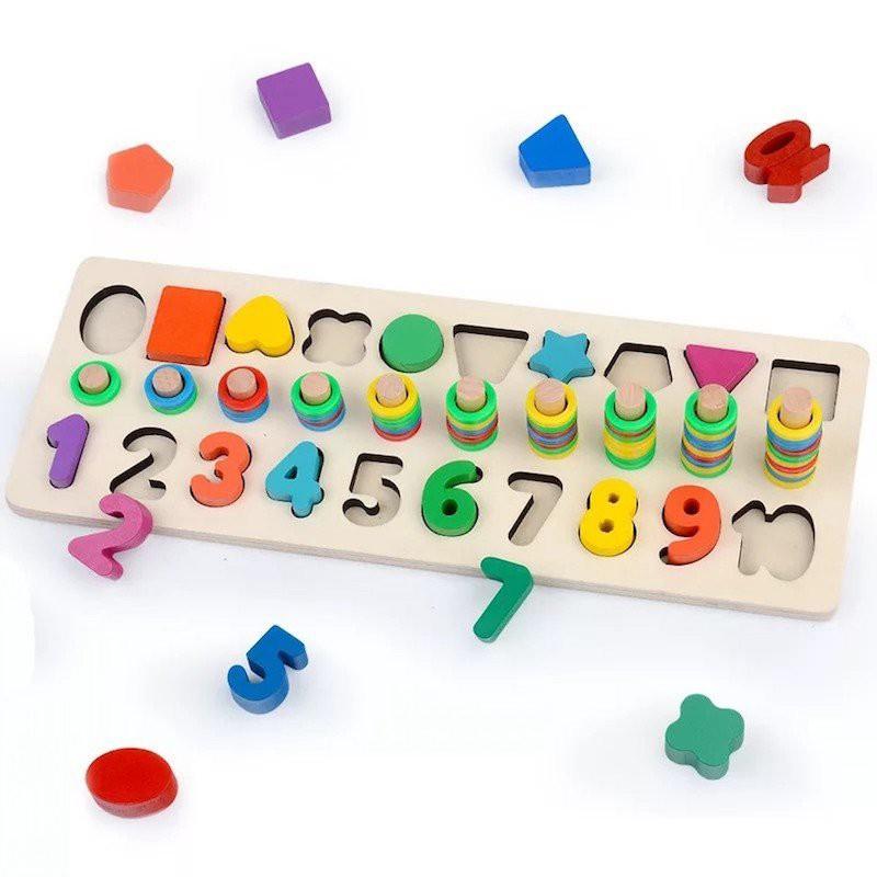 Đồ chơi gỗ học toán cho bé từ 2 tuổi-Bộ logic 3 dòng Montessori học đếm, số và hình khối