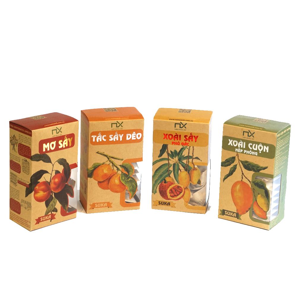 COMBO 4 HỘP MỨT SẤY NAM XANH ( MƠ, TẮC, XOÀI SẤY PHỦ GẤC, XOÀI CUỘN NẾP PHỒNG)