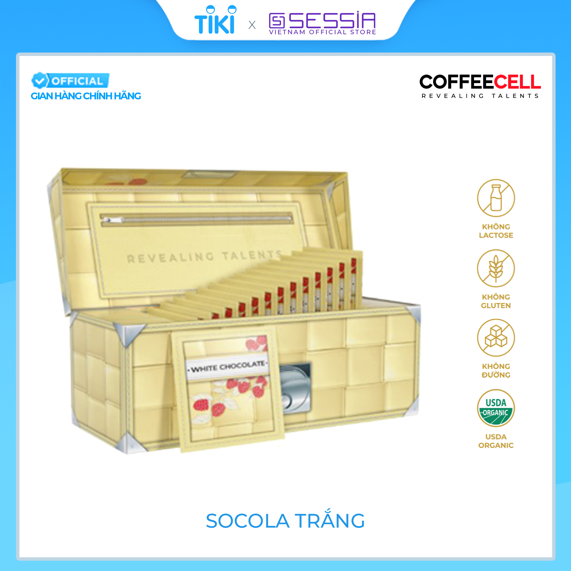 Socola Trắng Premium Với Quả Mâm Xôi Và Nhân Sâm Trắng Thượng Hạng COFFEECELL (20 gói x 15g) - Vị ngọt quyến rũ không chứa calo - Hàng Chính Hãng