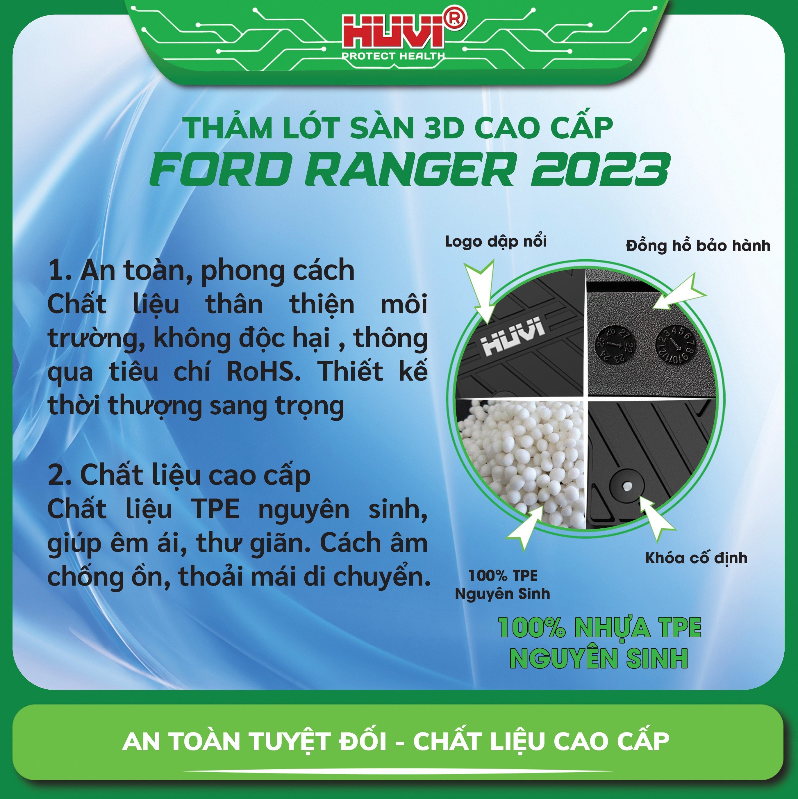 Thảm lót sàn ô tô 3D Ford Ranger 2023 nhựa TPE thân thiện môi trường
