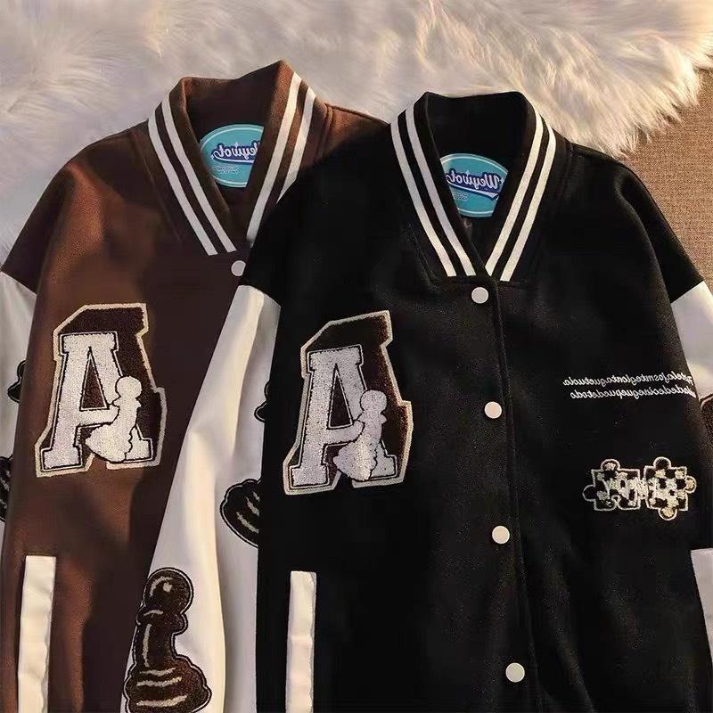 (hàng có sẵn)Áo bomber nam nữ 2 màu họa tiết mảnh ghép thêu xù,Áo khoác varsity Miuzi DT134