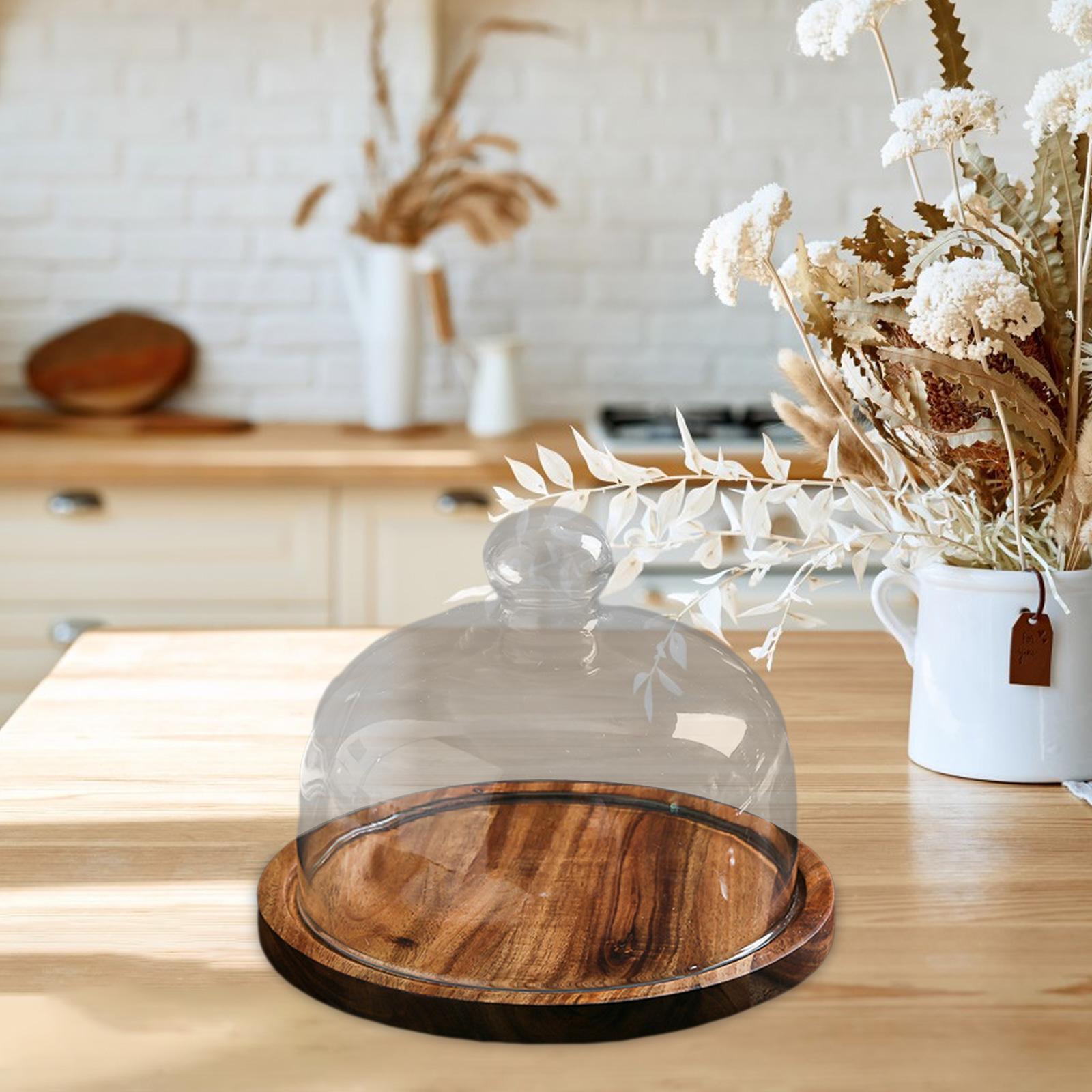 Glass Cover Serving Tray with Glass Cover Wooden Cake Stand for Kitchen