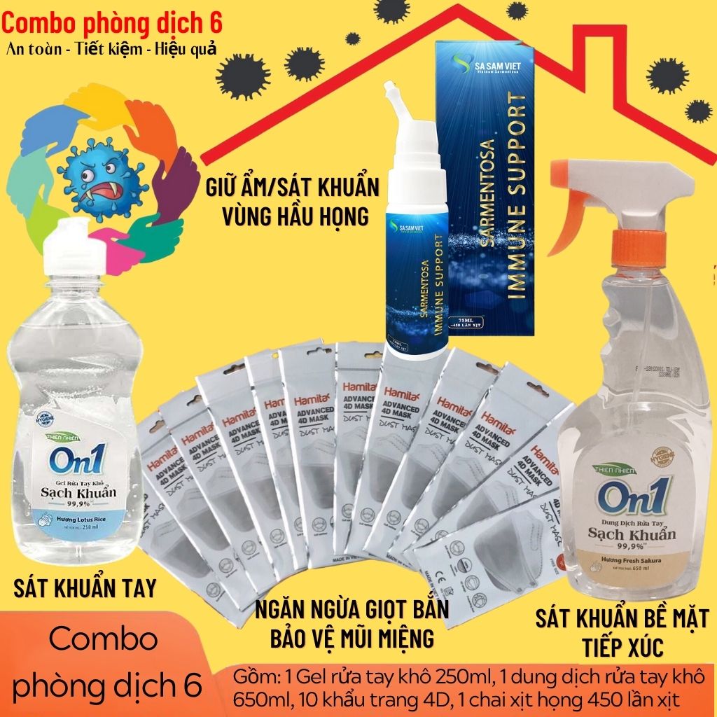 Combo phòng dịch 6 - 1 Dung dịch rửa tay khô, 1 gel rửa tay khô, 10 khẩu trang 4D cao cấp, 1 xịt họng - An toàn, tiết kiệm, hiệu quả. Bảo vệ cả gia đình bạn