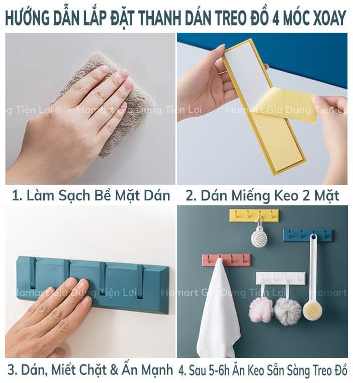 Thanh Treo Đồ Dán Tường 4 Móc Xoay Hamart Giá Treo Đồ Dính Tường Đa Năng Tiện Lợi 4 MÀU