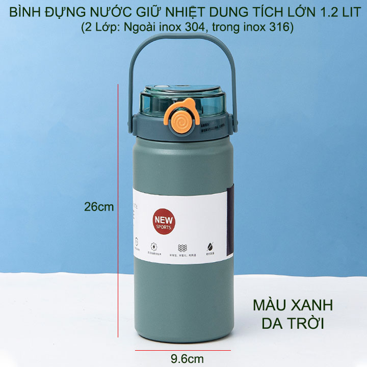 Bình đựng nước giữ nhiệt bằng inox 316 với 2 lớp giữ nhiệt 8-12 tiếng, có ống hút, dung tích 1.2 Lít