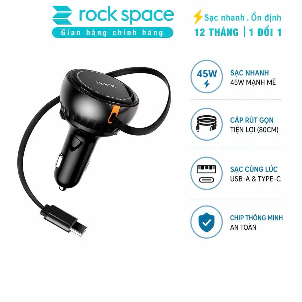 Củ sạc trên xe hơi Rockspace H30 Sạc nhanh 45W, cáp rút gọn tiện lợi, sạc cùng lúc nhiều thiết bị - Hàng chính hãng bảo hành 12 tháng