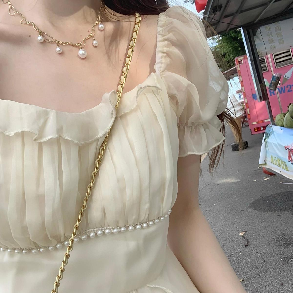 SHUANGYAN Phong cách Pháp cổ vuông nhẹ nhàng Fairy Wind Dress cho phụ nữ mùa hè 2023 Thắt lưng cho phụ nữ
