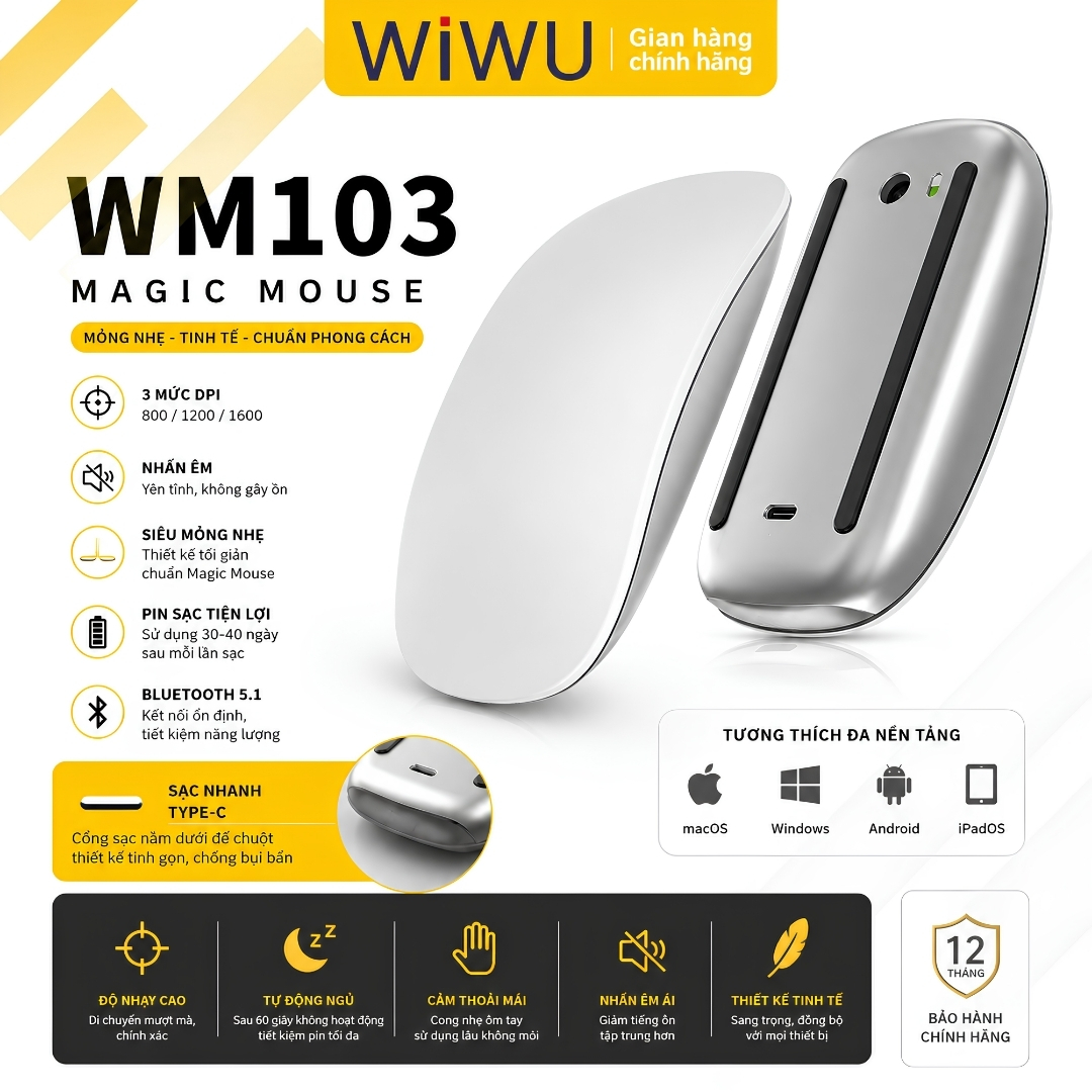 Chuột Không Dây WiWU WIMICE WM103 AirTouch Magic Mouse – Silent Click Êm Ái Tương Thích MacBook iPad Windows Android - Bluetooth 5.1 | Sạc Type-C | Silent Click | 3 Mức DPI - Hàng nhập khẩu