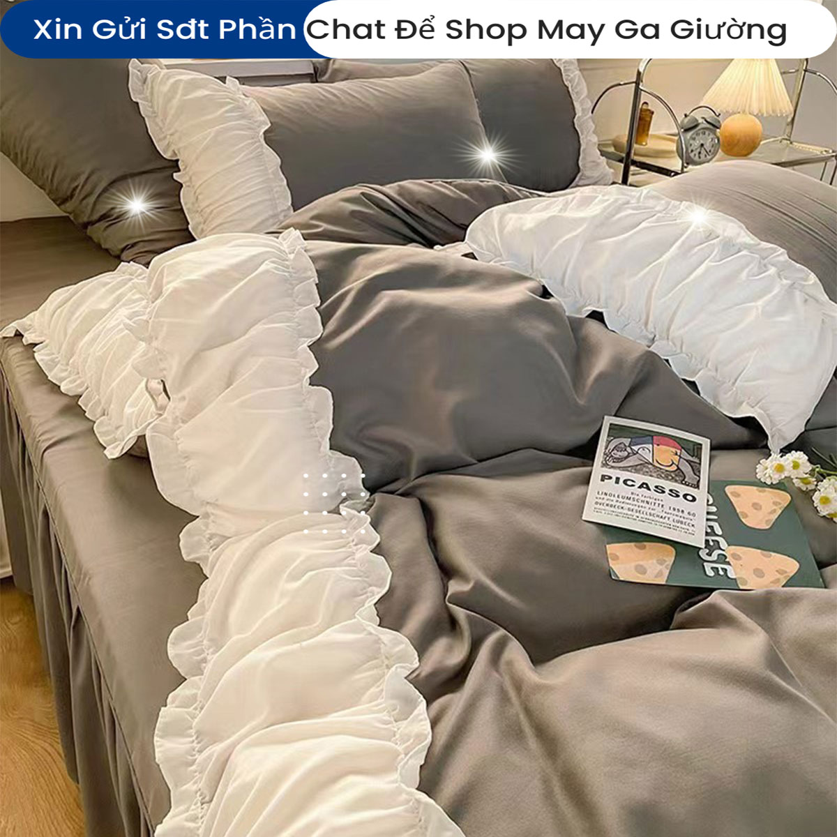 Bộ Chăn Ga Gối Cotton Tici Phối Bèo Cao Cấp Chuẩn Khách Sạn 5 Sao Bộ Chăn Drap Ga Gối Đệm Ra Nệm Trải Giường 5 Món