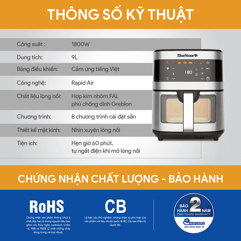 Nồi Chiên Không Dầu BlueStone AFB-5886 9 Lít 1800W - Hàng chính hãng