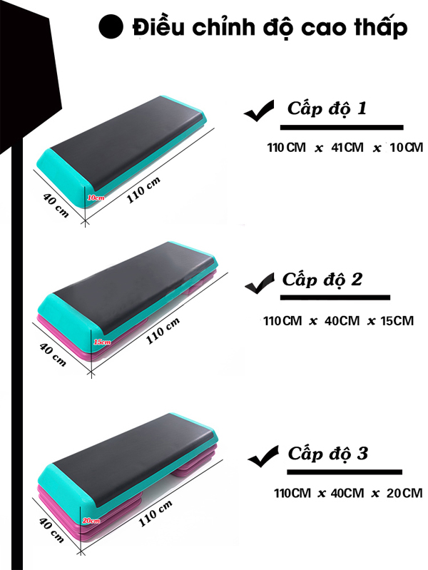 Bục dậm nhảy Aerobic, bục thể dục 840 chịu tải 100kg với 3 cấp độ chiều cao phù hợp nhiều bài tập