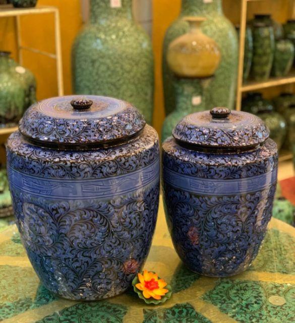 Hũ gạo hoạ tiết khắc tay thủ công