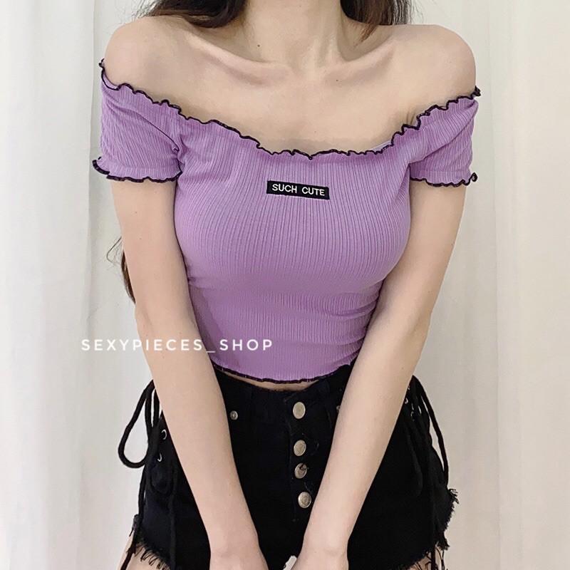 top tím trễ vai viền đen