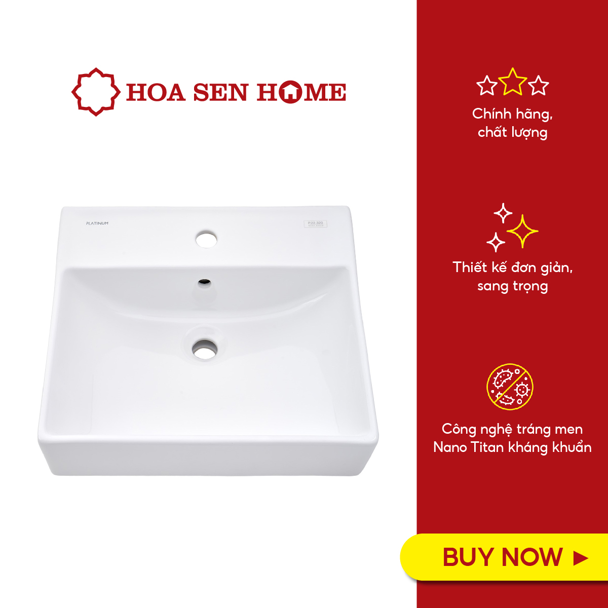 Lavabo đặt bàn Viglacera P.22.320 sứ Ceramic tráng sáng, lớp men Nano Titan kháng khuẩn vượt trội, lòng chậu sâu, kiểu dáng dương bàn hiện đại - Hoa Sen Home - Hàng chính hãng