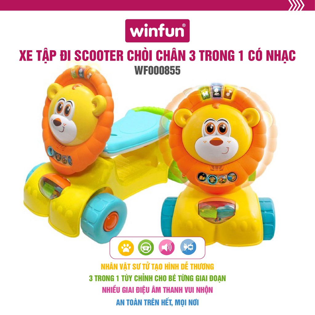 Xe tập đi kết hợp xe chòi chân và xe scooter 3 trong 1 hình sư tử có nhạc cho bé Winfun 0855
