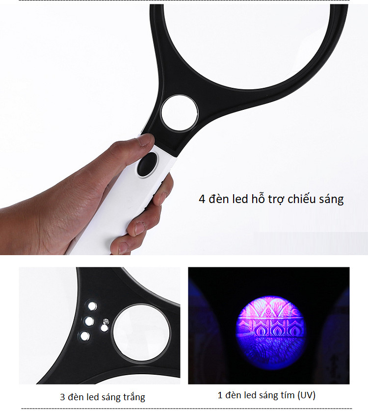 Kính lúp cầm tay đọc sách báo độ phóng đại 3X -10X có đèn V2