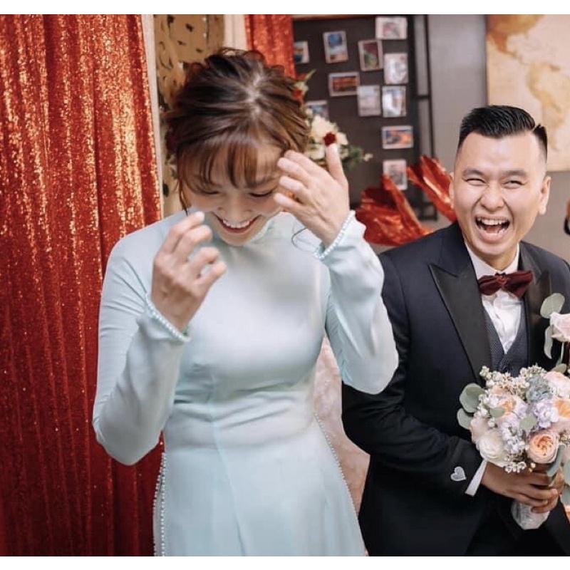 Áo dài 4 tà hội nghị, hỏi cưới viền chuỗi tay và tà